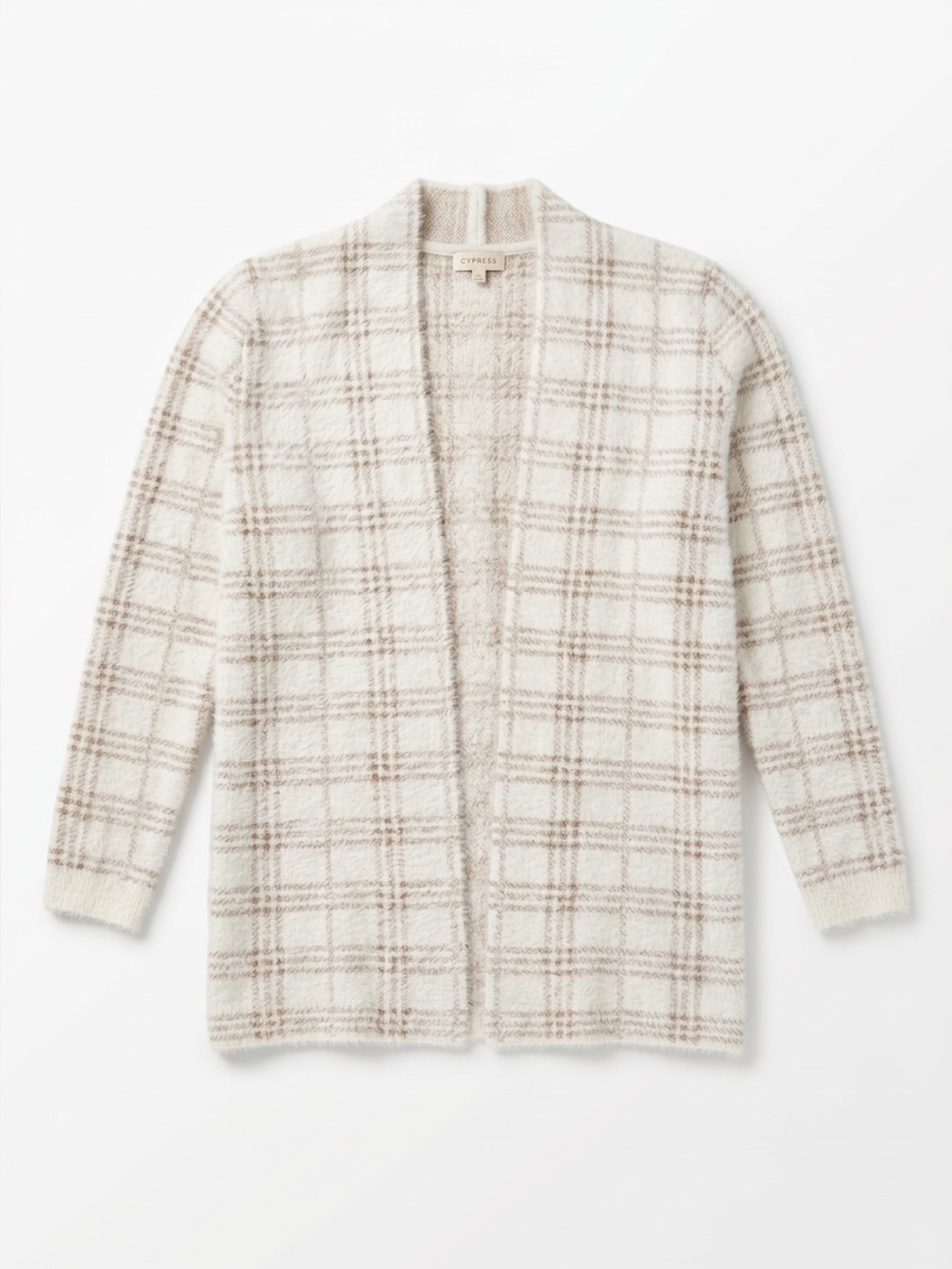 Cyrus Cream and Taupe Plaid Open-Front Cardigan NWOT